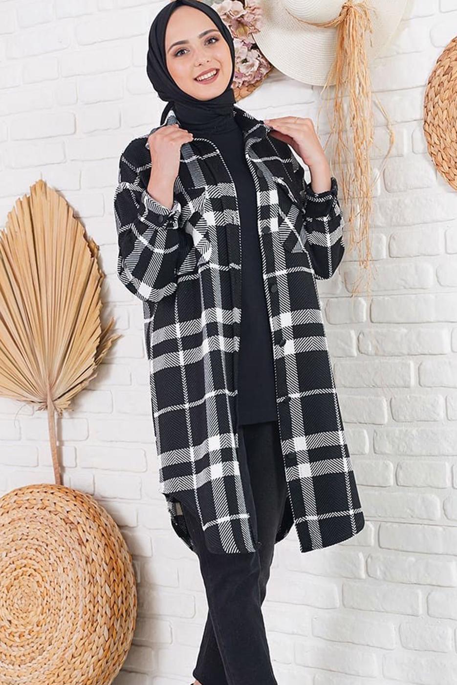 Tesettür giyim SİYAH EKOSE DESEN TUNİK 8007 