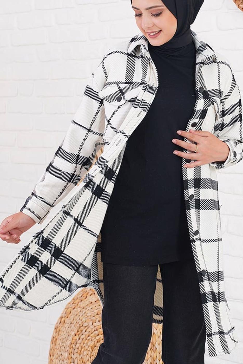 Tesettür giyim KREM EKOSE DESEN TUNİK 8007 