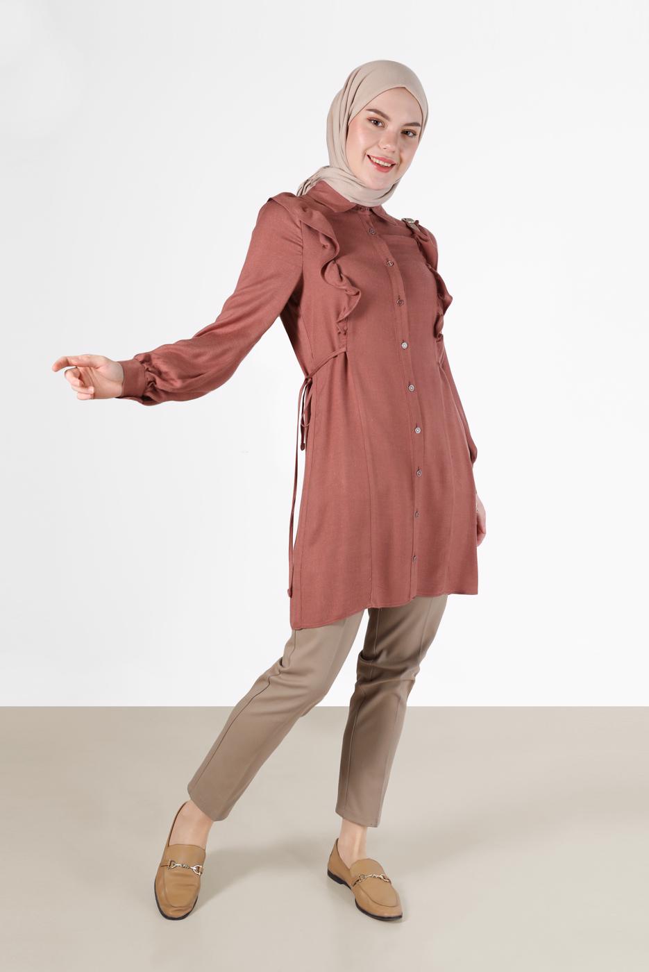 Tesettür giyim KAHVE ALVİNA FIRFIR DETAYLI TUNİK T 42390 