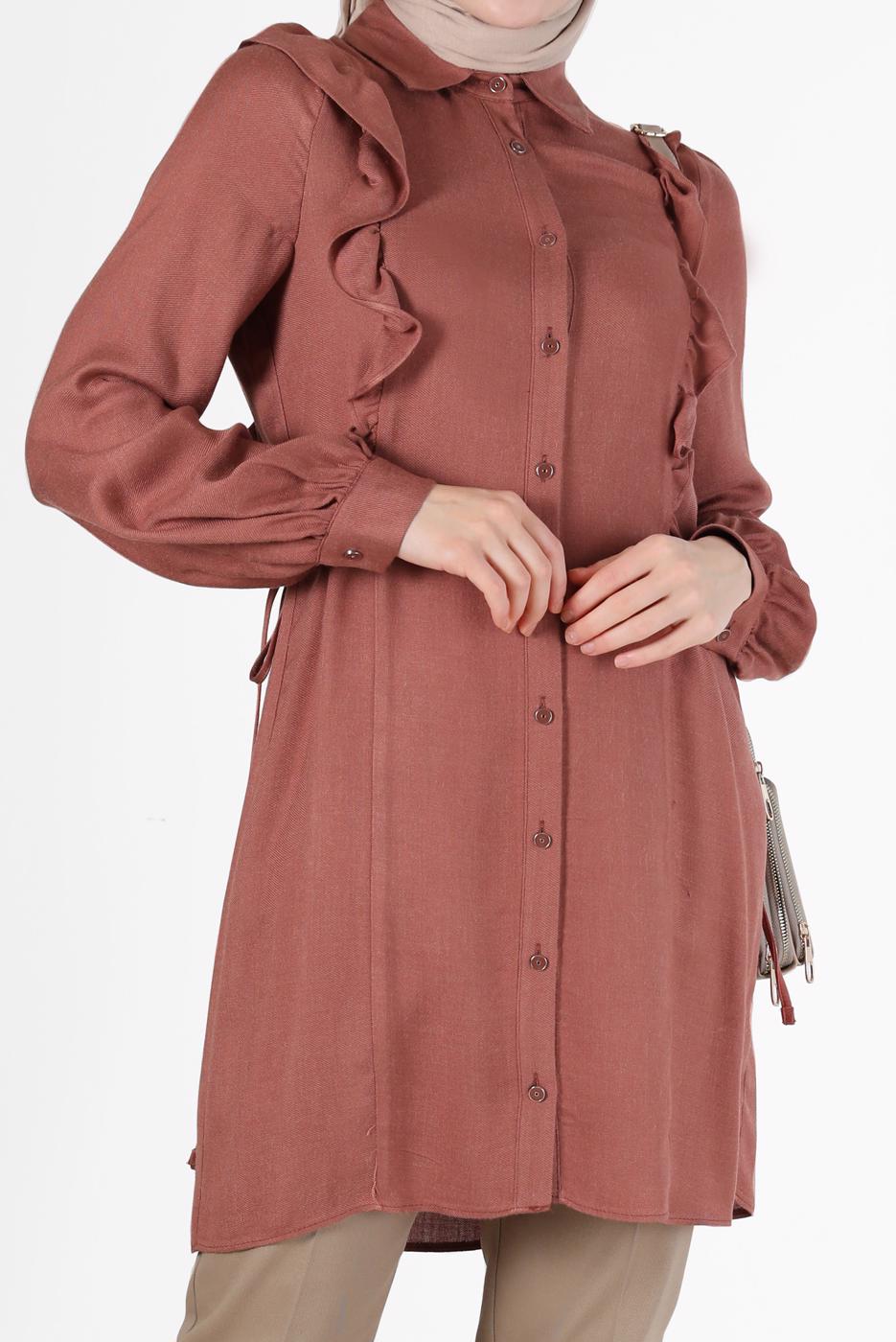 Tesettür giyim KAHVE ALVİNA FIRFIR DETAYLI TUNİK T 42390 