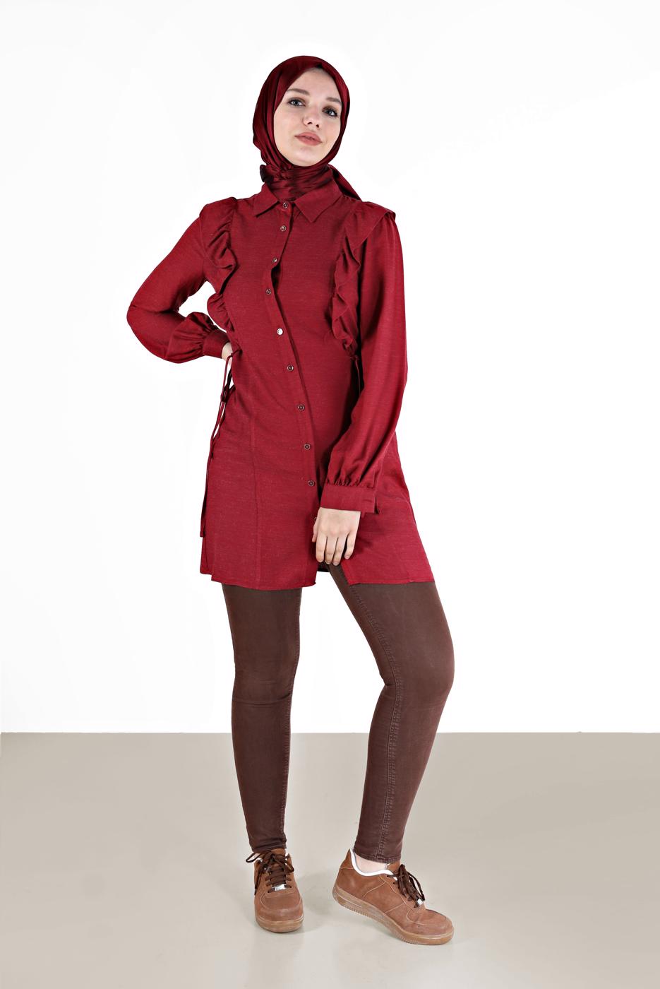 Tesettür giyim KIRMIZI ALVİNA FIRFIR DETAYLI TUNİK T 42390 