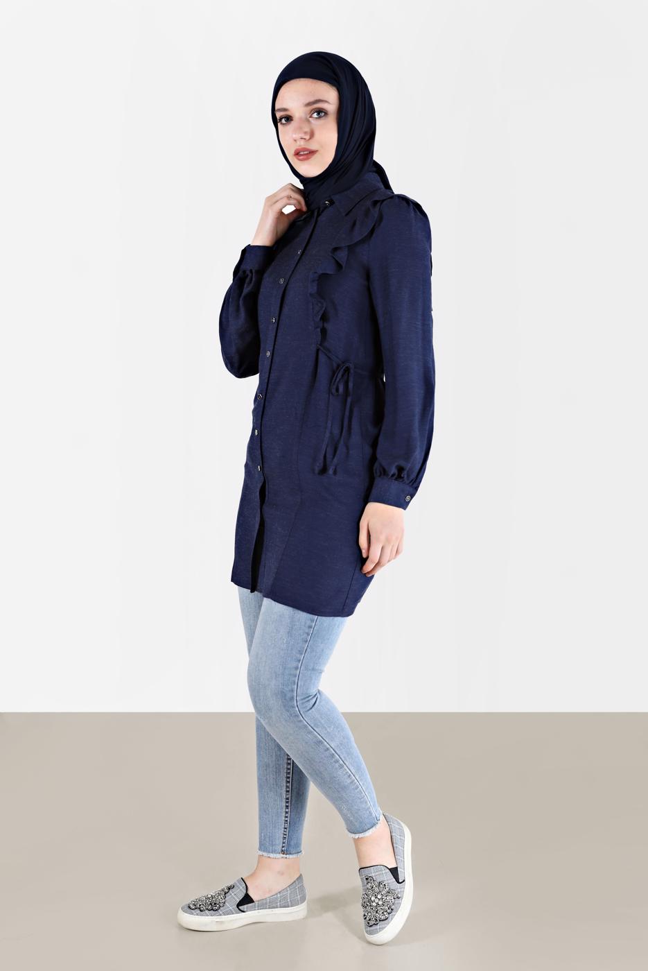 Tesettür giyim LACİVERT ALVİNA FIRFIR DETAYLI TUNİK T 42390 