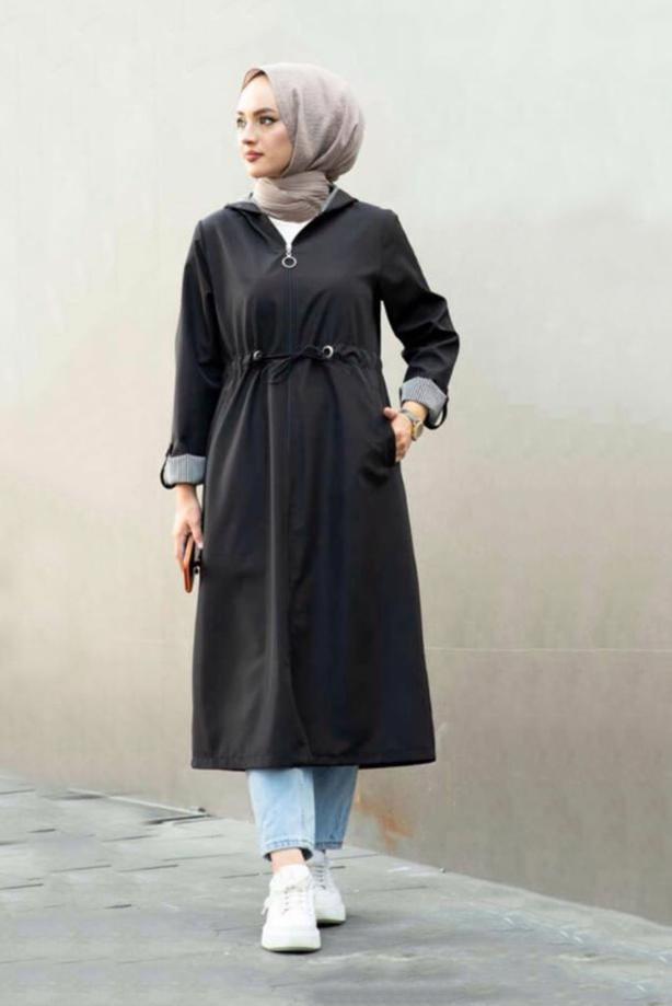 Vêtements hijab  GATHERED WAIST HOODED TRENCH COAT WITH PATTERNED CUFFS 17501  - TRENDTESETTÜR
