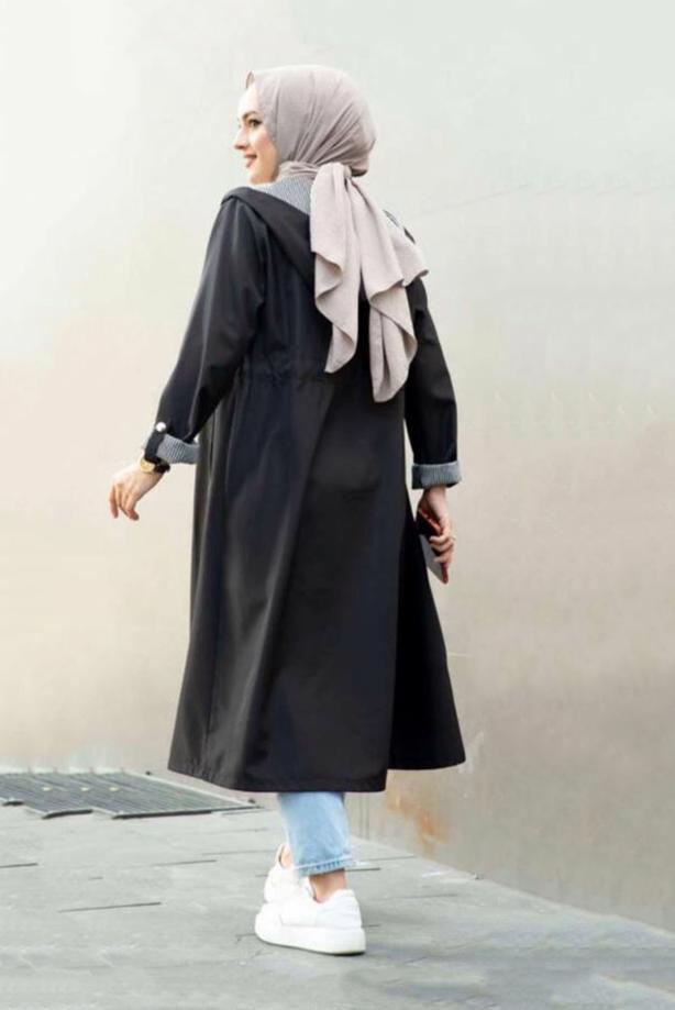 Vêtements hijab  GATHERED WAIST HOODED TRENCH COAT WITH PATTERNED CUFFS 17501  - TRENDTESETTÜR