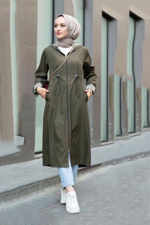 Vêtements hijab  GATHERED WAIST HOODED TRENCH COAT WITH PATTERNED CUFFS 17501  - TRENDTESETTÜR