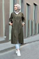 Hijab clothing GREEN GATHERED WAIST HOODED TRENCH COAT WITH PATTERNED CUFFS 17501 