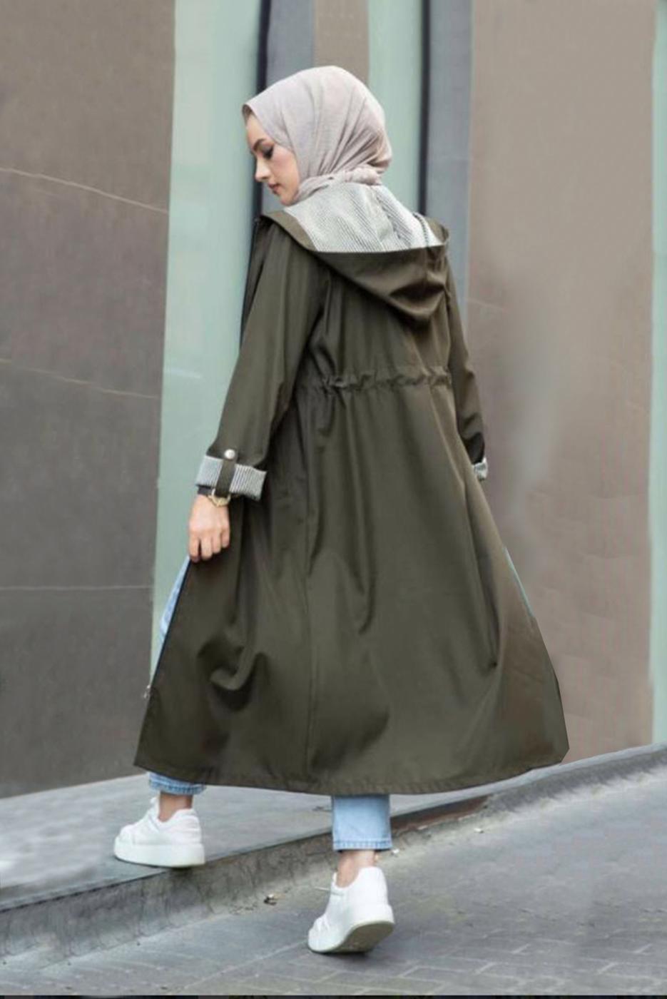 Hijab clothing GREEN GATHERED WAIST HOODED TRENCH COAT WITH PATTERNED CUFFS 17501 