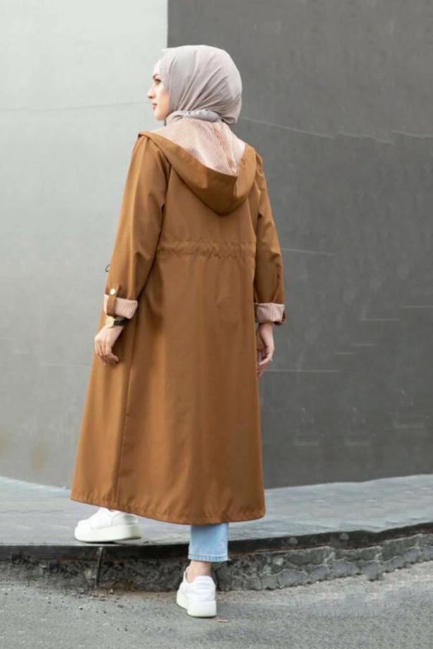 Vêtements hijab  GATHERED WAIST HOODED TRENCH COAT WITH PATTERNED CUFFS 17501  - TRENDTESETTÜR