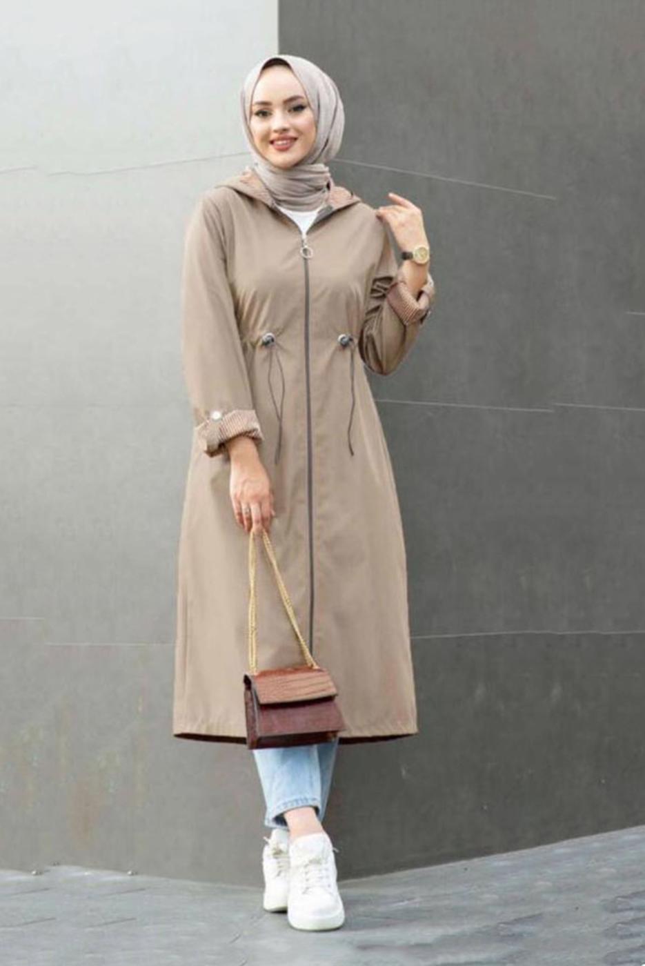 Vêtements hijab VISON TRENCH-COAT À CAPUCHE À TAILLE FRONCÉE AVEC POIGNETS À MOTIFS 17501