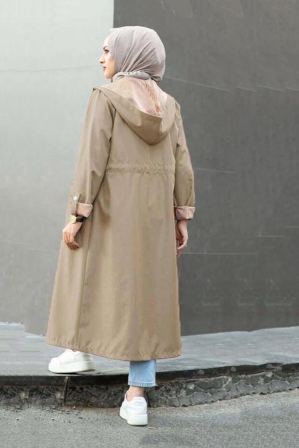 Vêtements hijab  GATHERED WAIST HOODED TRENCH COAT WITH PATTERNED CUFFS 17501  - TRENDTESETTÜR