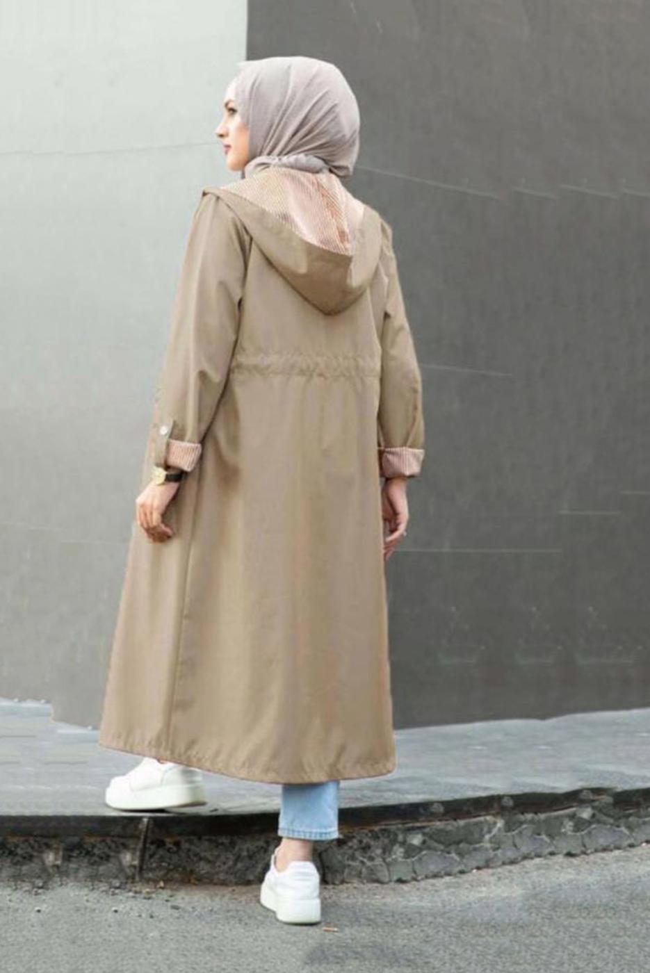 Vêtements hijab VISON TRENCH-COAT À CAPUCHE À TAILLE FRONCÉE AVEC POIGNETS À MOTIFS 17501
