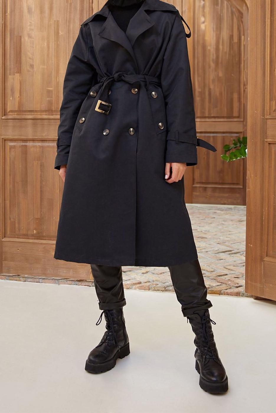 Tesettür giyim SİYAH DÜĞME DETAYLI KUŞAKLI TRENÇKOT 016 