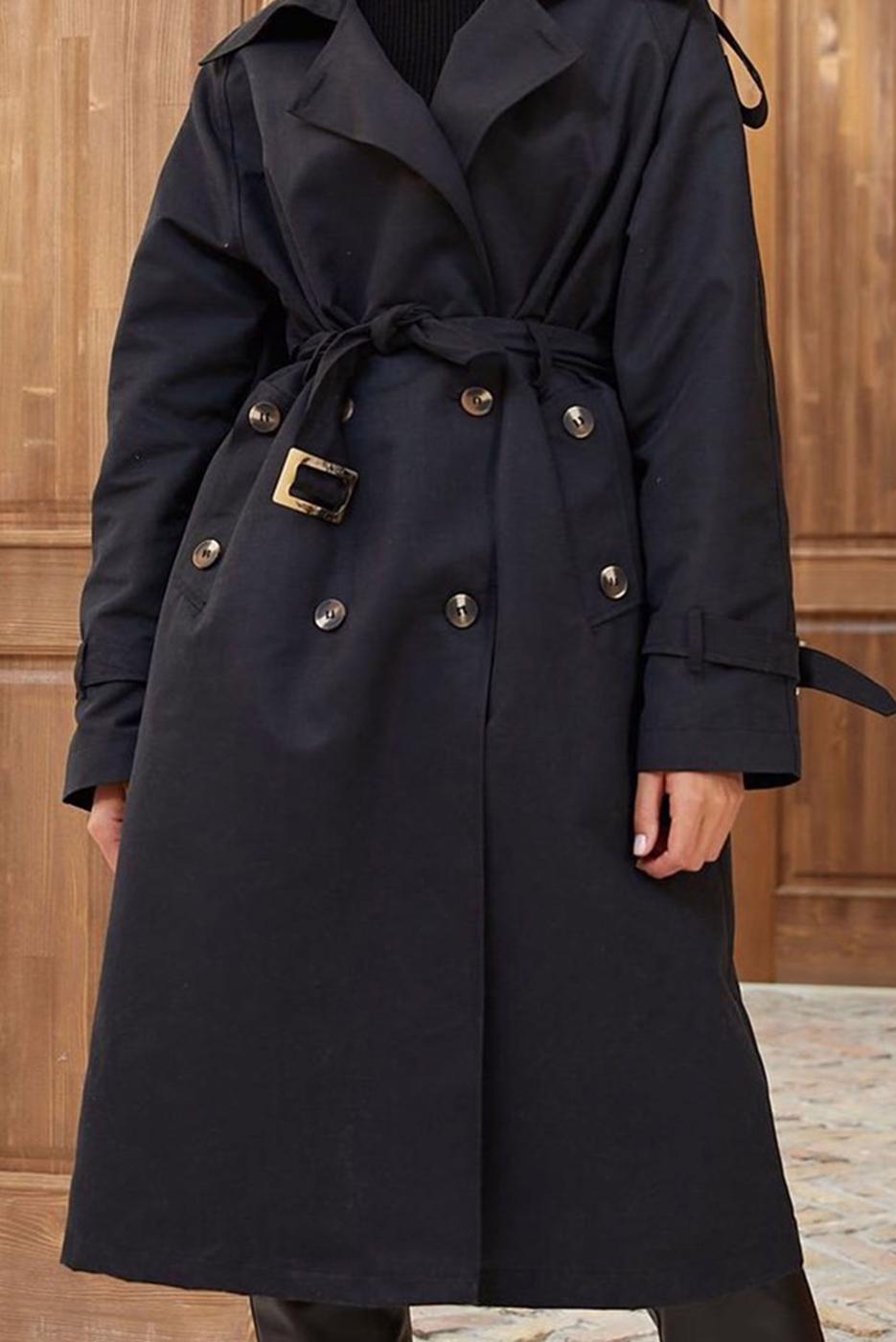 Tesettür giyim SİYAH DÜĞME DETAYLI KUŞAKLI TRENÇKOT 016 