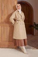 Tesettür giyim KAHVE DÜĞME DETAYLI KUŞAKLI TRENÇKOT 016 