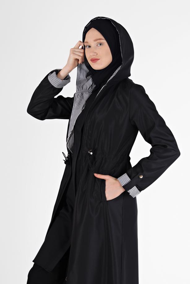 Tesettür giyim  BELİ BÜZGÜLÜ KAPÜŞONLU TRENÇKOT 0077  - TRENDTESETTÜR