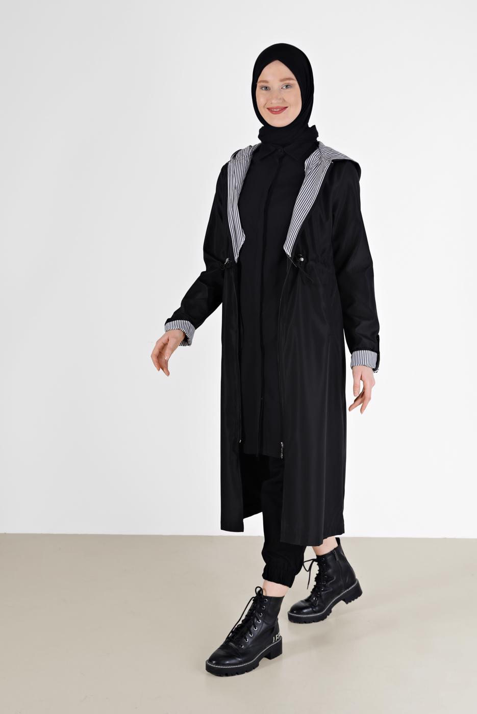 Vêtements hijab NOIR TRENCH-COAT À CAPUCHE AVEC DÉTAIL FRONCÉ 0077