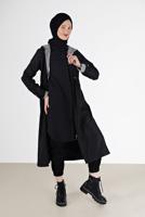 Vêtements hijab NOIR TRENCH-COAT À CAPUCHE AVEC DÉTAIL FRONCÉ 0077