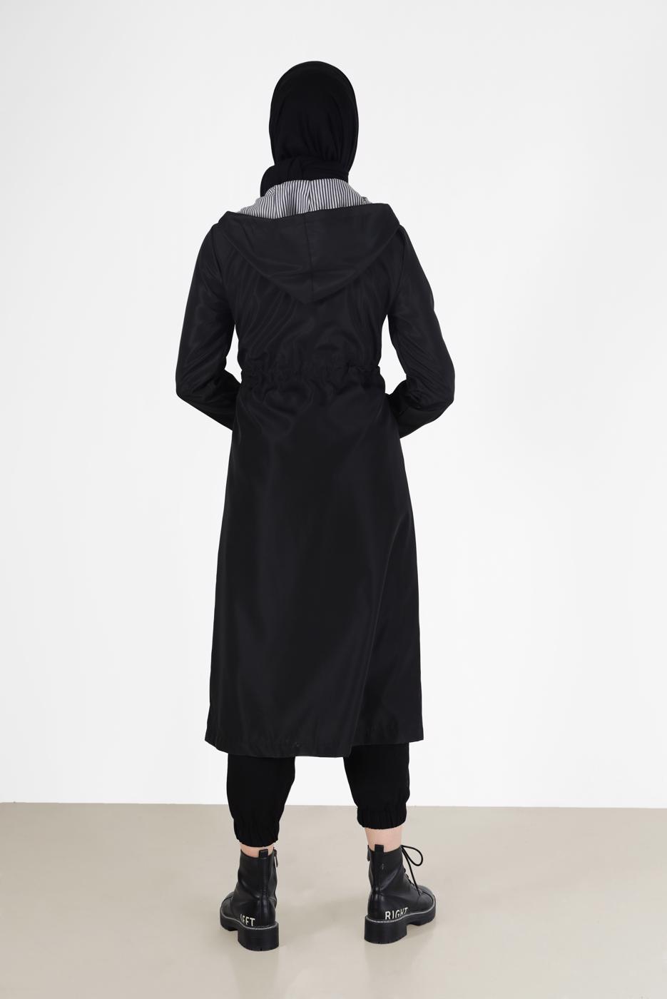 Vêtements hijab NOIR TRENCH-COAT À CAPUCHE AVEC DÉTAIL FRONCÉ 0077