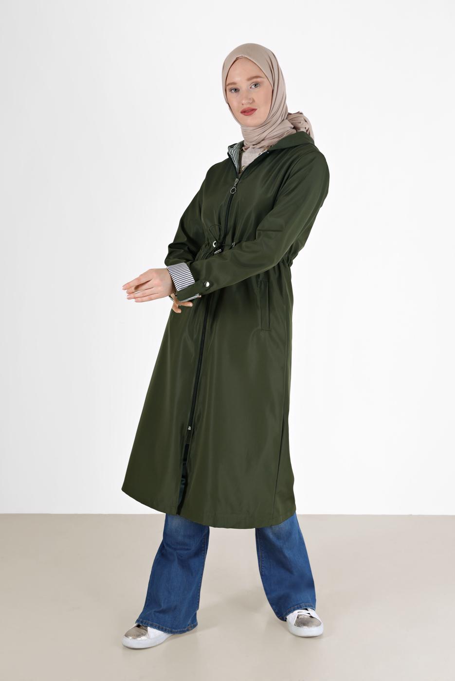 Vêtements hijab KAKI TRENCH-COAT À CAPUCHE AVEC DÉTAIL FRONCÉ 0077