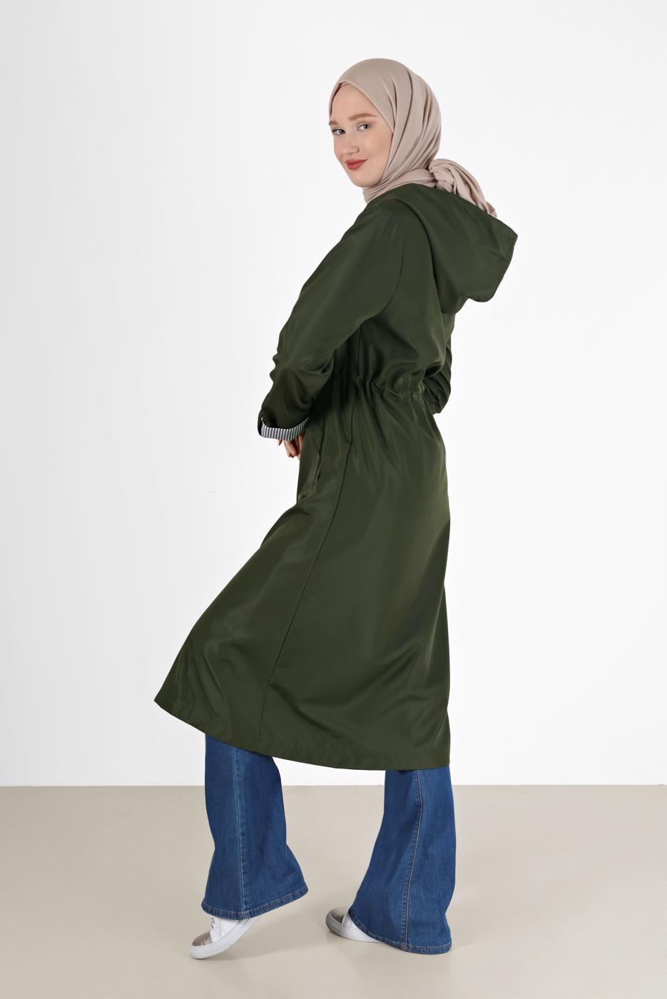 Vêtements hijab KAKI TRENCH-COAT À CAPUCHE AVEC DÉTAIL FRONCÉ 0077