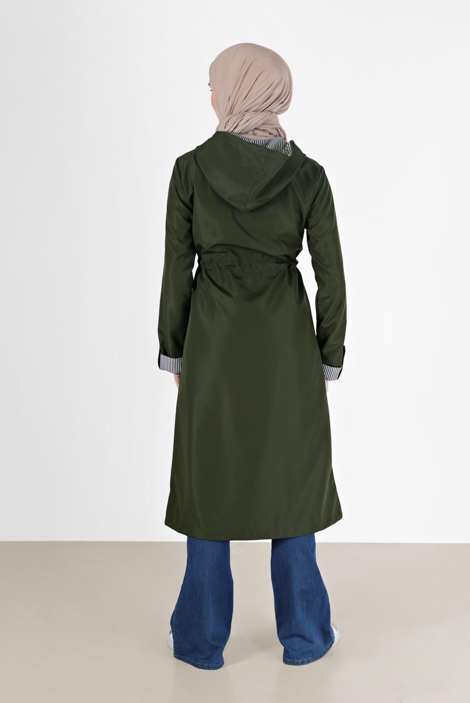 Vêtements hijab KAKI TRENCH-COAT À CAPUCHE AVEC DÉTAIL FRONCÉ 0077