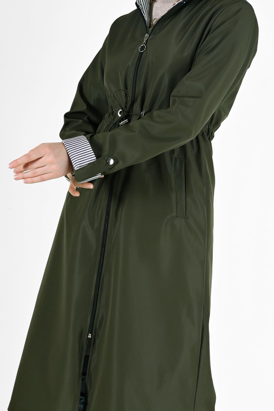 Vêtements hijab KAKI TRENCH-COAT À CAPUCHE AVEC DÉTAIL FRONCÉ 0077