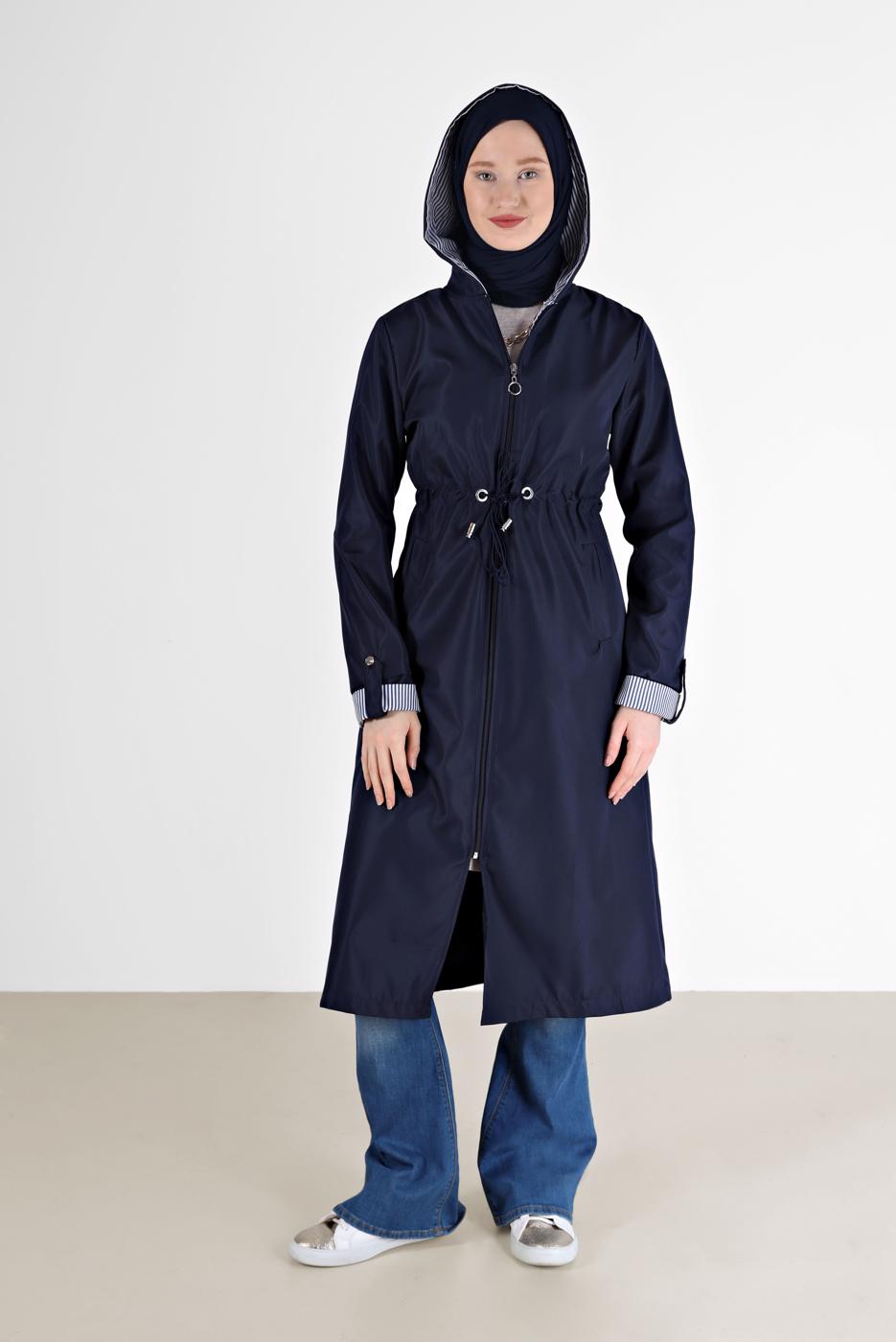Hijab clothing NAVY BLUE GATHERED DETAIL HOODED TRENCH COAT 0077 
