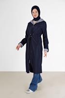 Hijab clothing NAVY BLUE GATHERED DETAIL HOODED TRENCH COAT 0077 