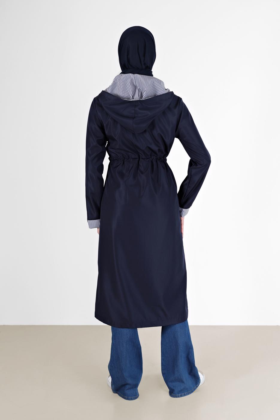 Hijab clothing NAVY BLUE GATHERED DETAIL HOODED TRENCH COAT 0077 