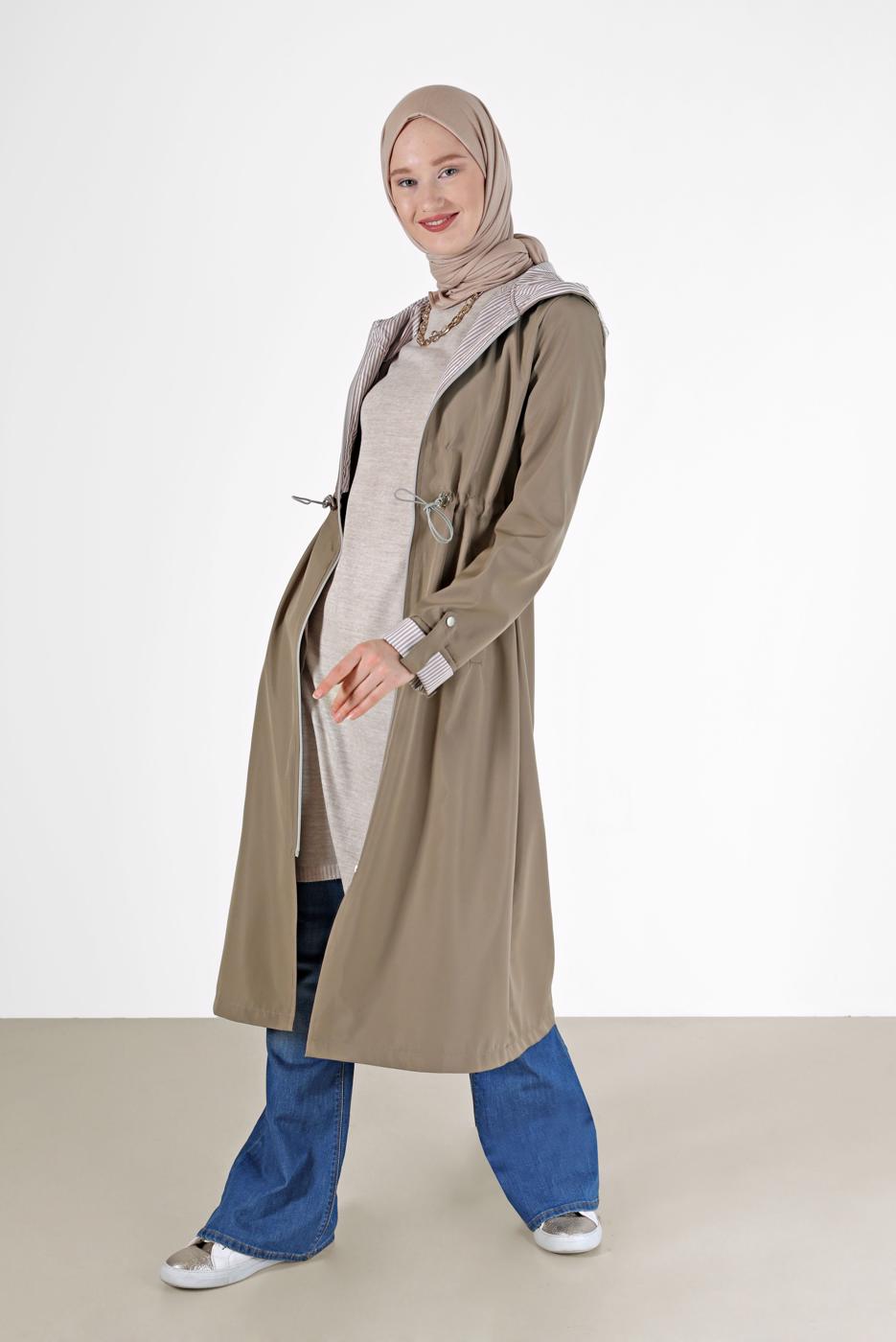 Hijab clothing MINK GATHERED DETAIL HOODED TRENCH COAT 0077 