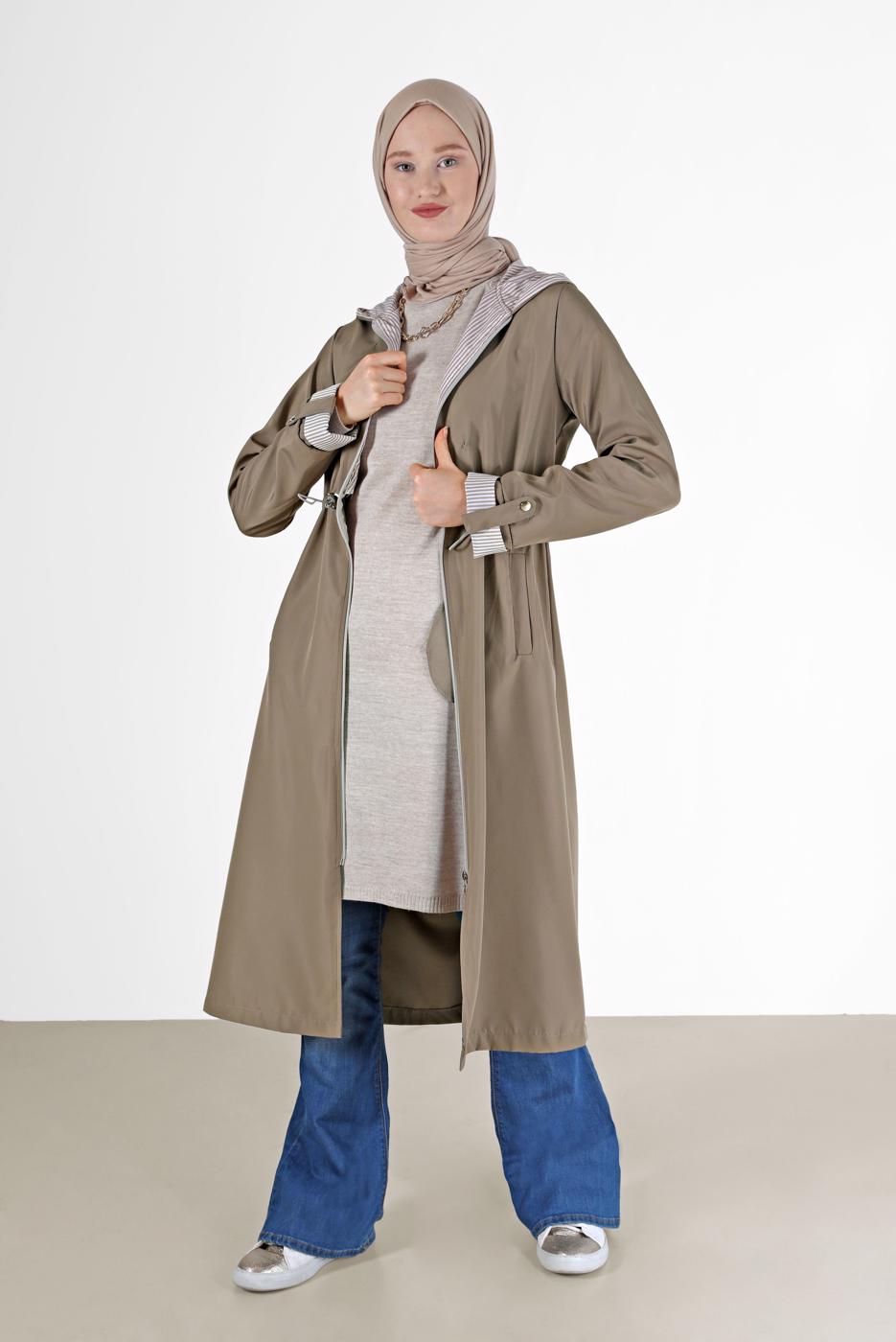 Hijab clothing MINK GATHERED DETAIL HOODED TRENCH COAT 0077 