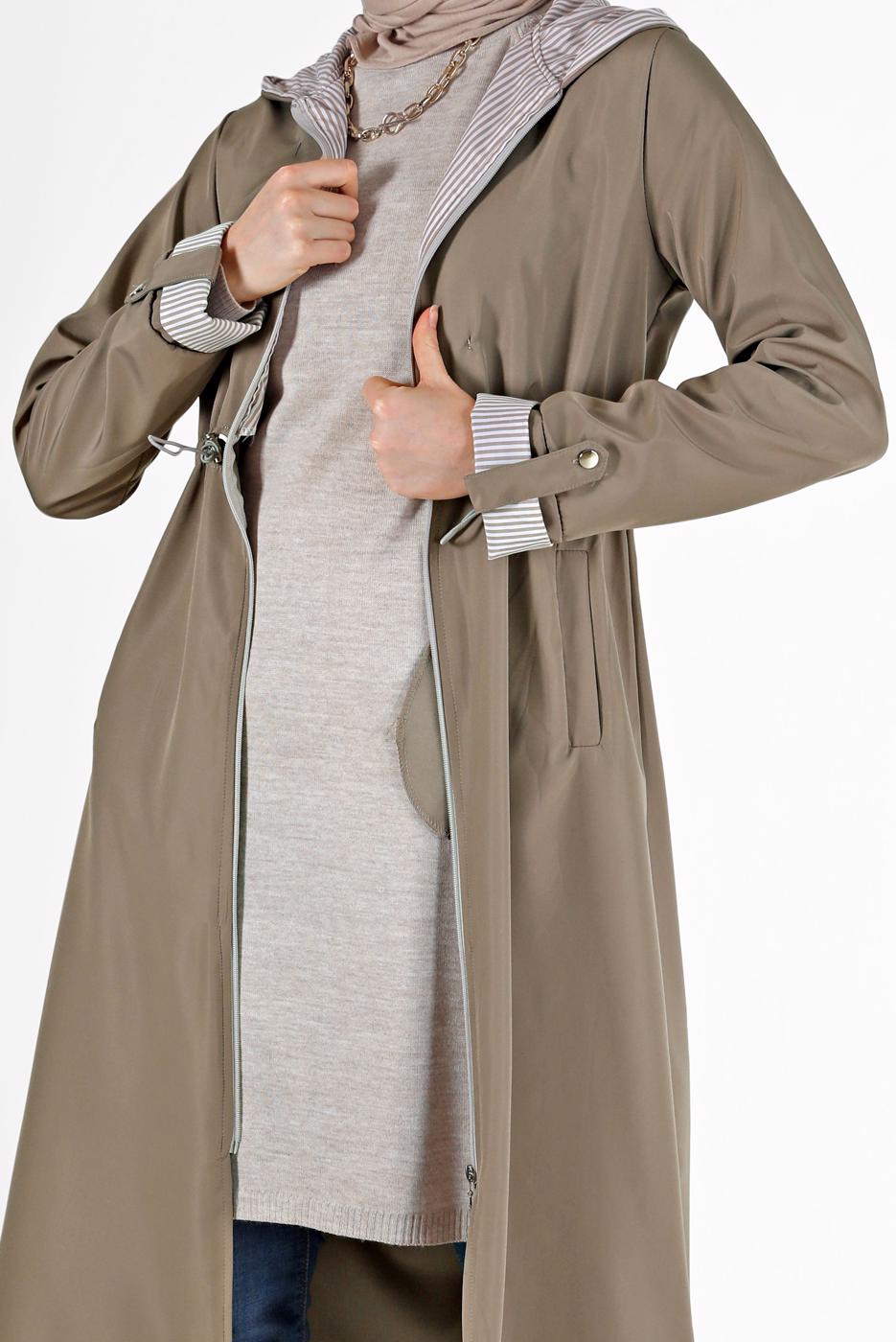 Hijab clothing MINK GATHERED DETAIL HOODED TRENCH COAT 0077 