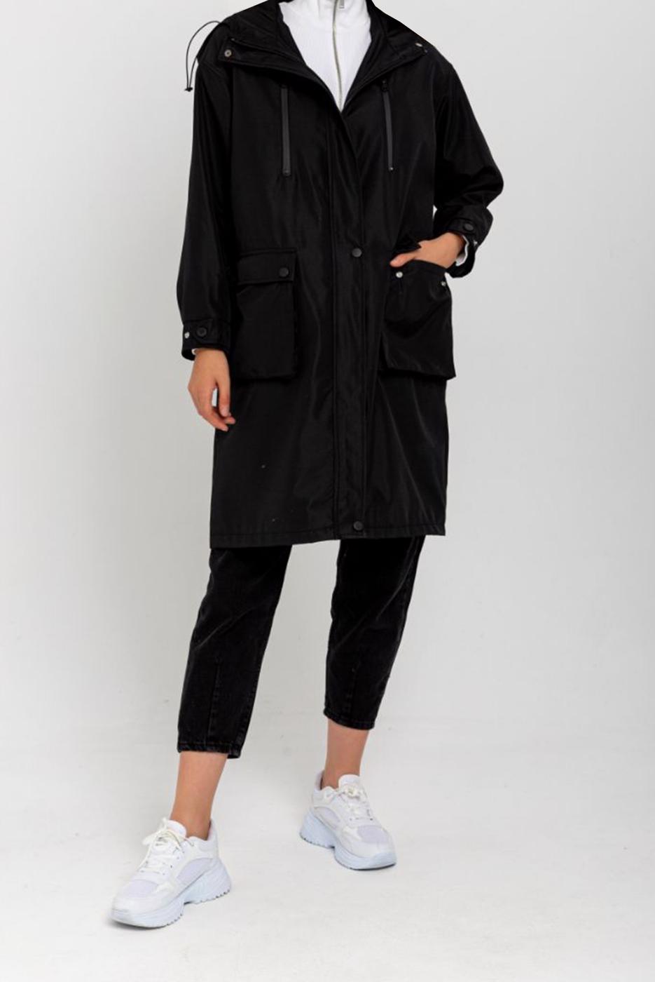 Vêtements hijab NOIR TRENCH-COAT À CAPUCHE DÉTAIL POCHE T 130