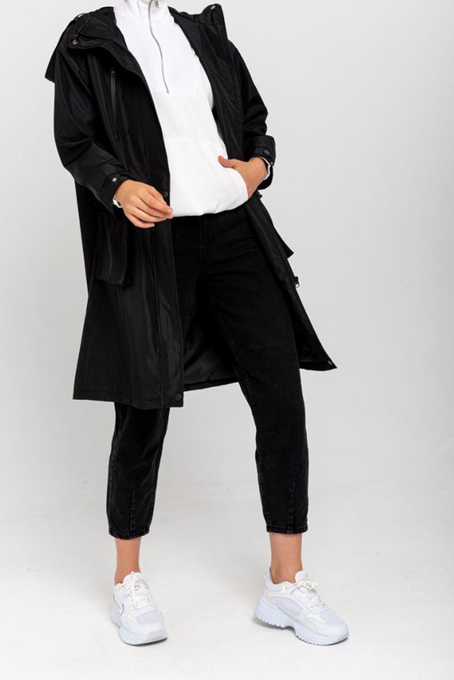 Vêtements hijab NOIR TRENCH-COAT À CAPUCHE DÉTAIL POCHE T 130
