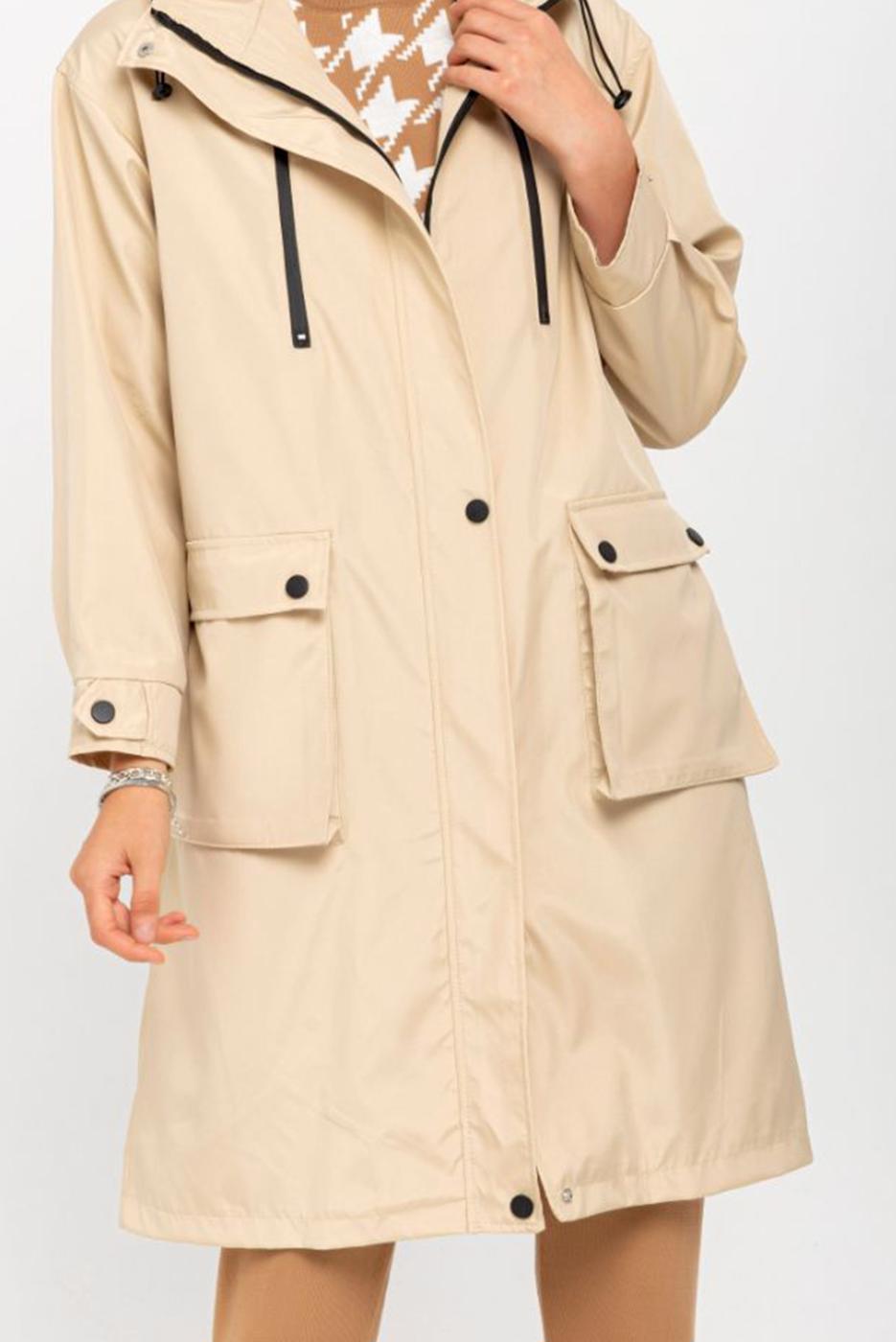 Hijab clothing BEIGE POCKET DETAIL HOODED TRENCH COAT T 130 
