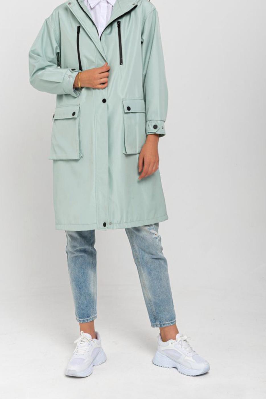 Hijab clothing GREEN POCKET DETAIL HOODED TRENCH COAT T 130 