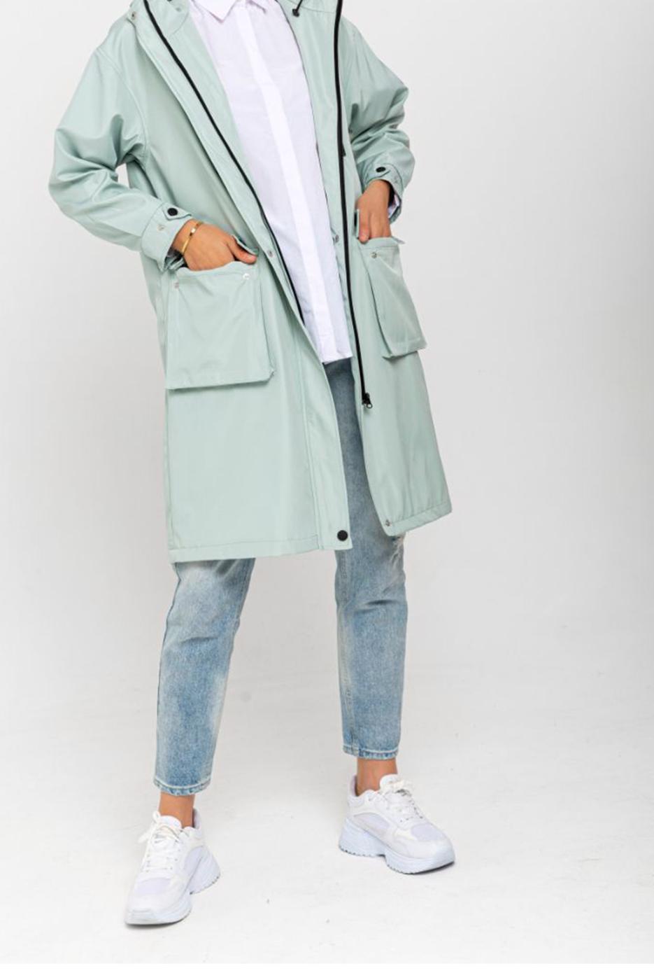 Hijab clothing GREEN POCKET DETAIL HOODED TRENCH COAT T 130 