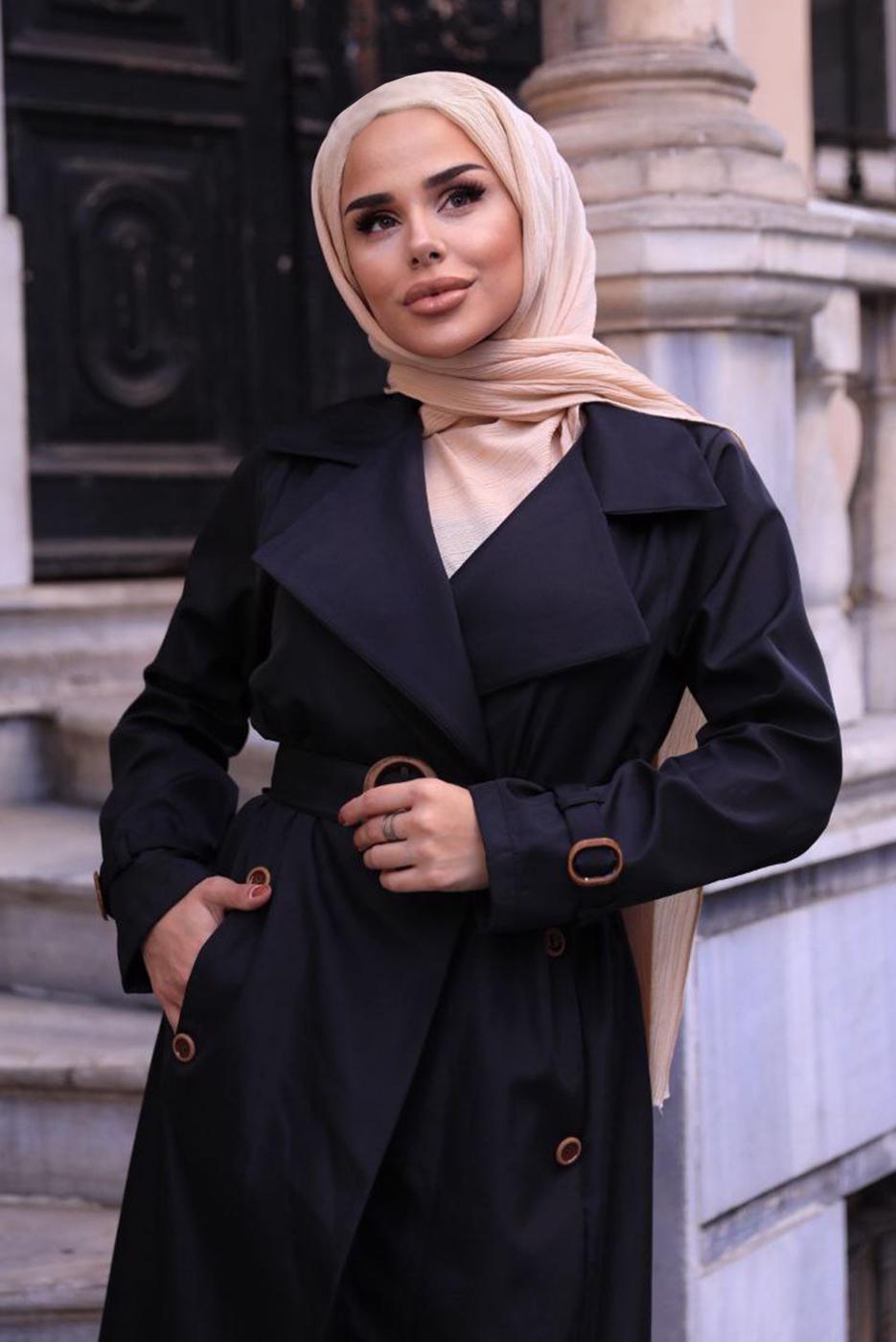 Vêtements hijab NOIR TRENCH-COAT DOUBLE BOUTONNAGE À CEINTURE 0167
