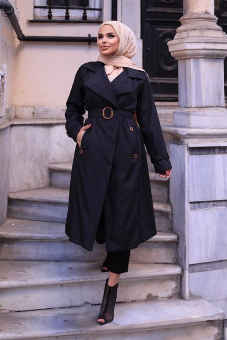 Vêtements hijab NOIR TRENCH-COAT DOUBLE BOUTONNAGE À CEINTURE 0167