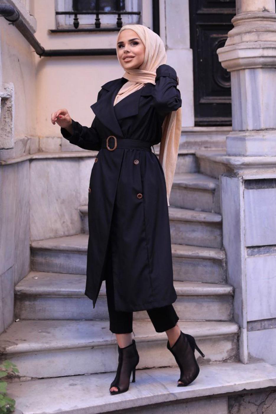 Vêtements hijab NOIR TRENCH-COAT DOUBLE BOUTONNAGE À CEINTURE 0167