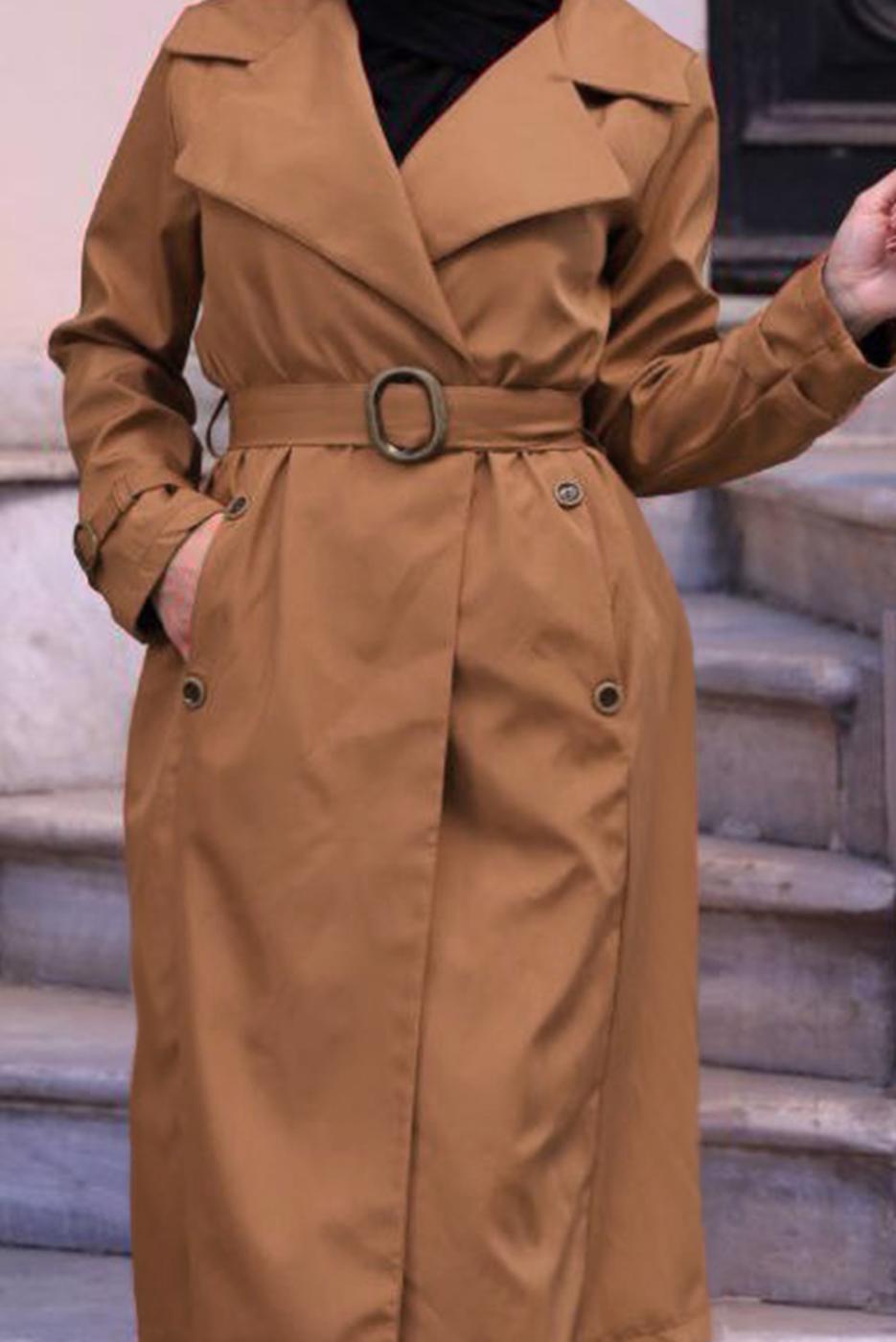Hijab clothing BROWN DOUBLE BREASTED BELTED TRENCH COAT 0167 