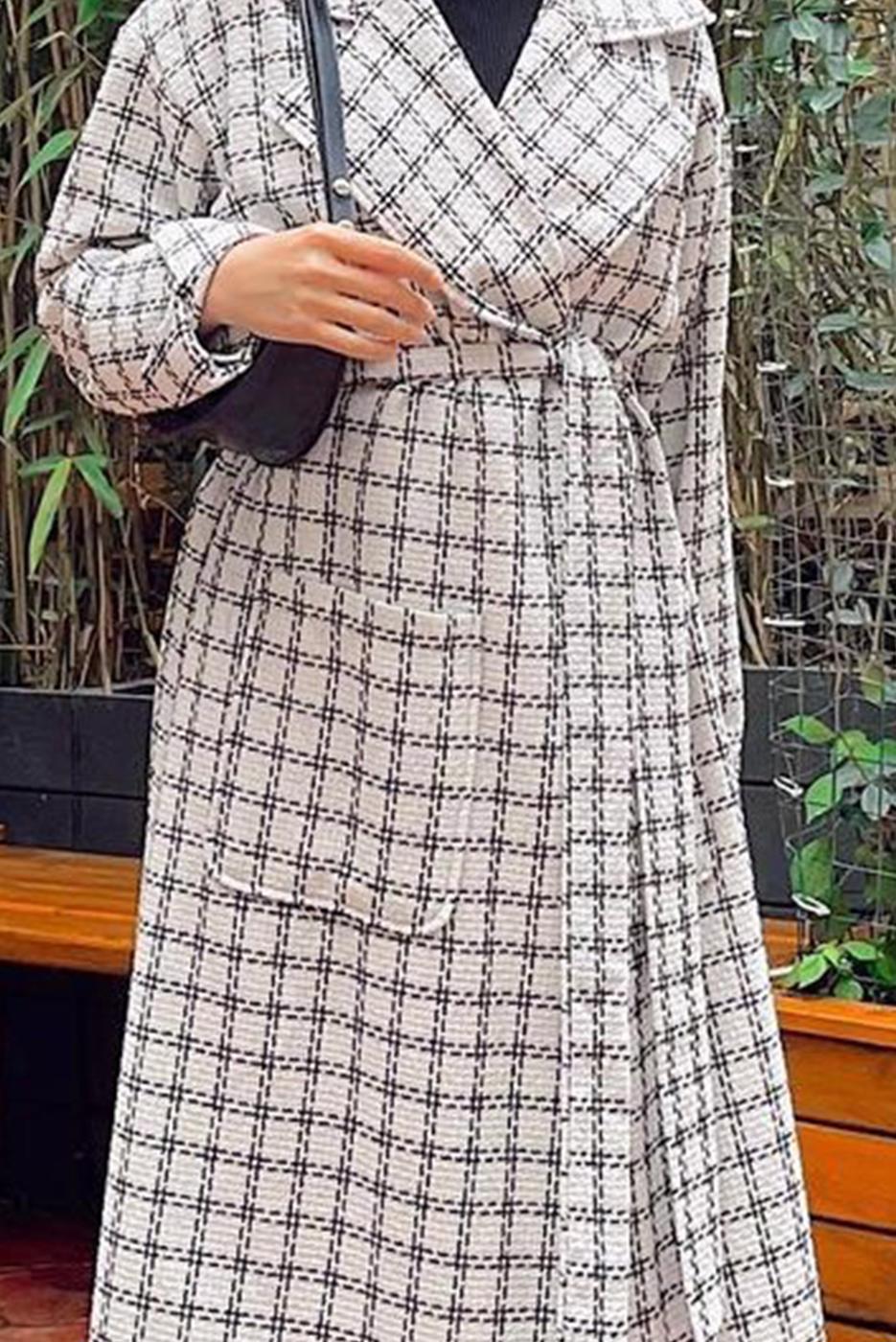 Vêtements hijab MULTICOLORE TRENCH-COAT EN TWEED À CARREAUX AVEC POCHES 1011