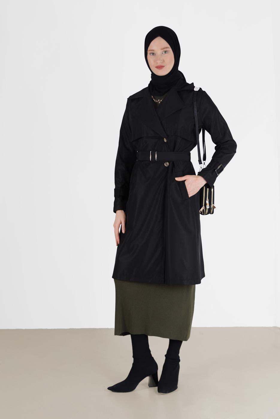 Hijab clothing BLACK BUTTONED TRENCH COAT 3565