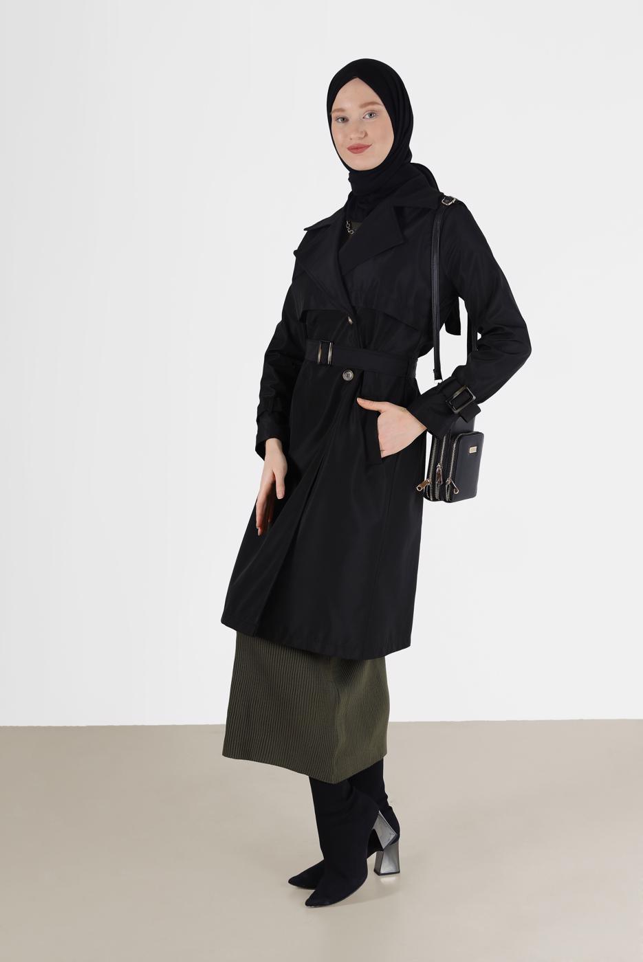 Hijab clothing BLACK BUTTONED TRENCH COAT 3565