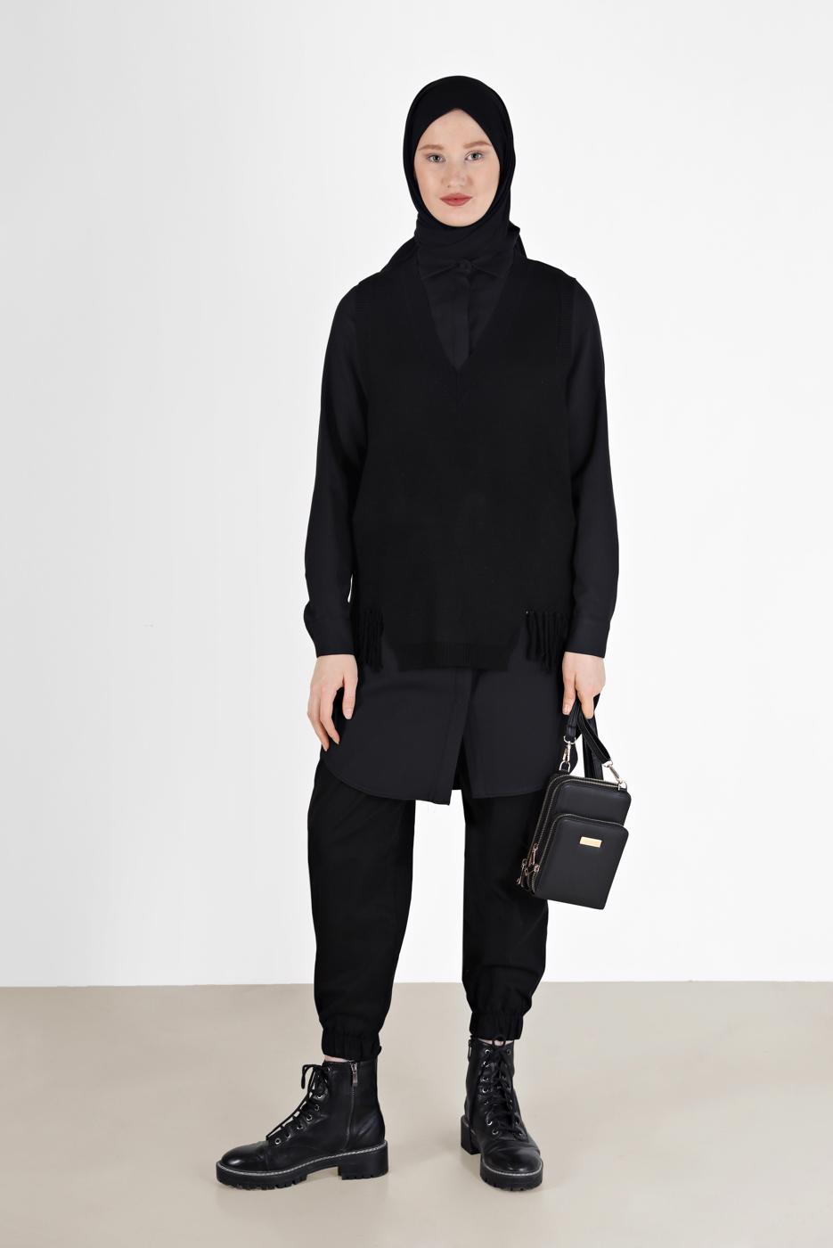 Vêtements hijab NOIR PULL EN MAILLE À FRANGES 14541