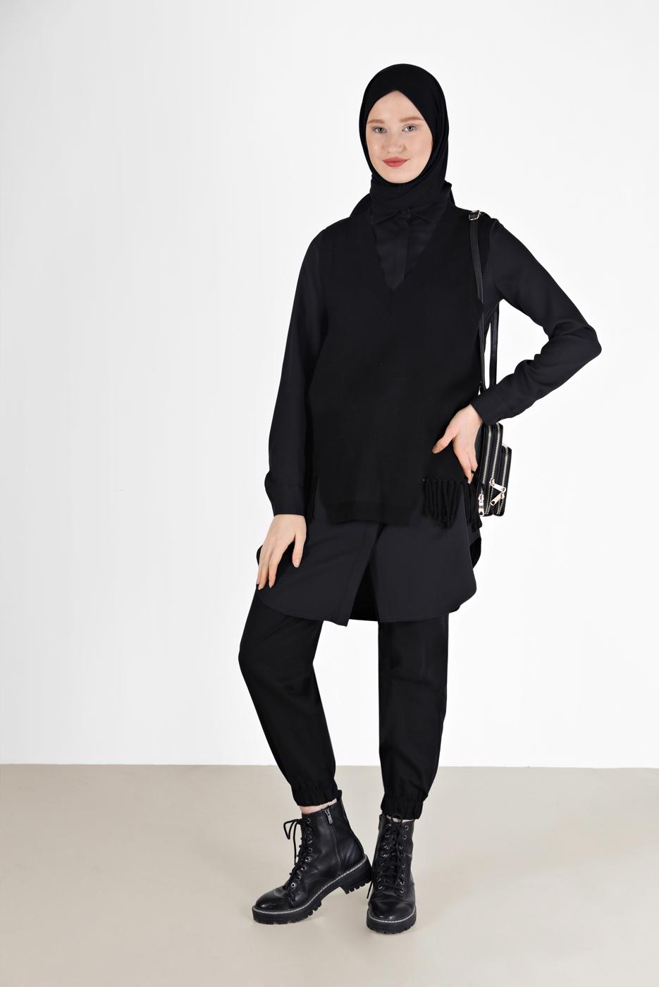 Vêtements hijab NOIR PULL EN MAILLE À FRANGES 14541
