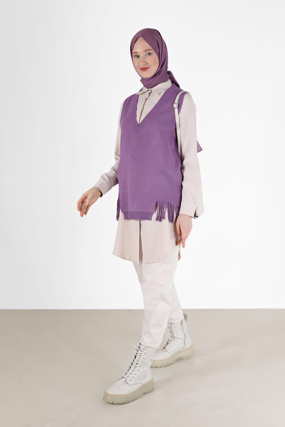 Vêtements hijab POURPRE PULL EN MAILLE À FRANGES 14541