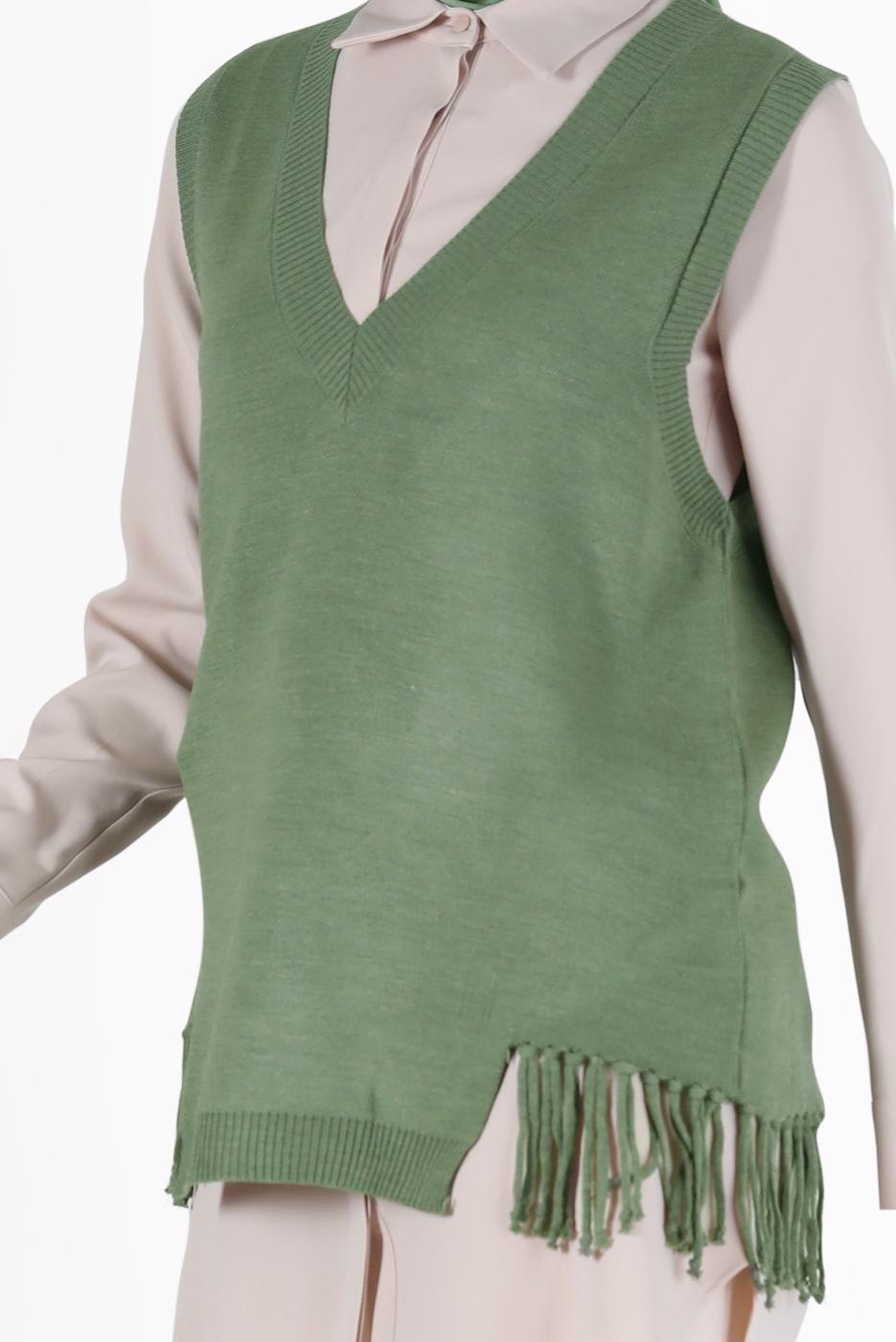 Tesettür giyim YEŞİL PÜSKÜL DETAYLI TRİKO SÜVETER 14541 