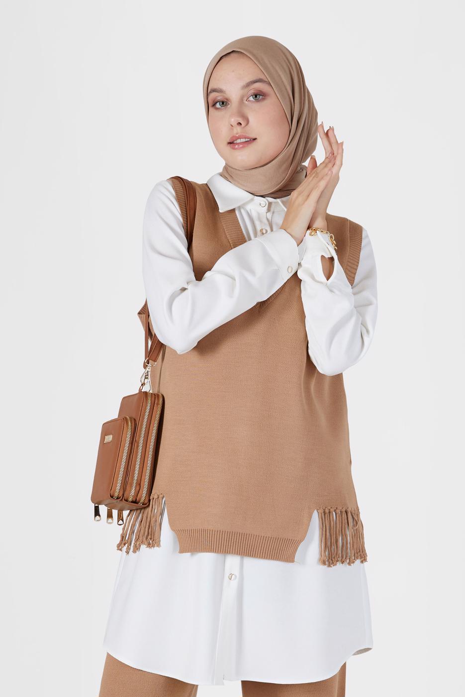 Tesettür giyim KAHVE PÜSKÜL DETAYLI TRİKO SÜVETER 14541 