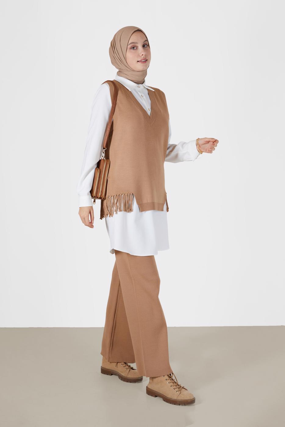 Tesettür giyim KAHVE PÜSKÜL DETAYLI TRİKO SÜVETER 14541 